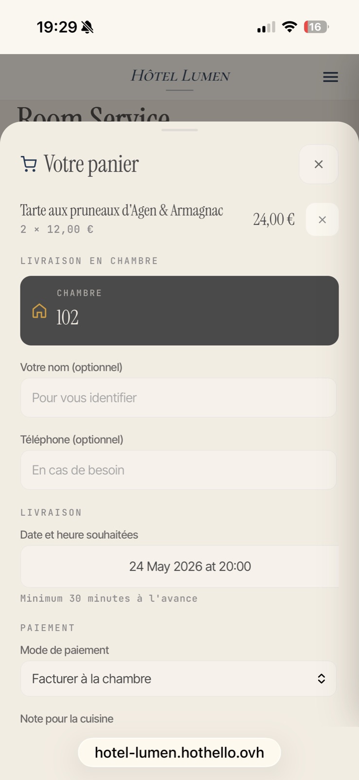 Carte du soir room service Hôthello