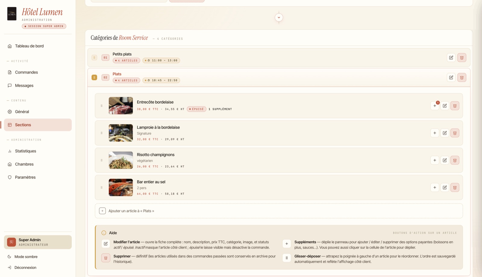 Tableau de bord admin Hôthello