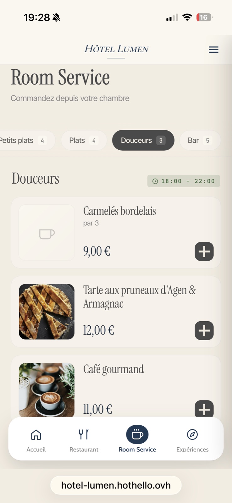 Écran de commande room service